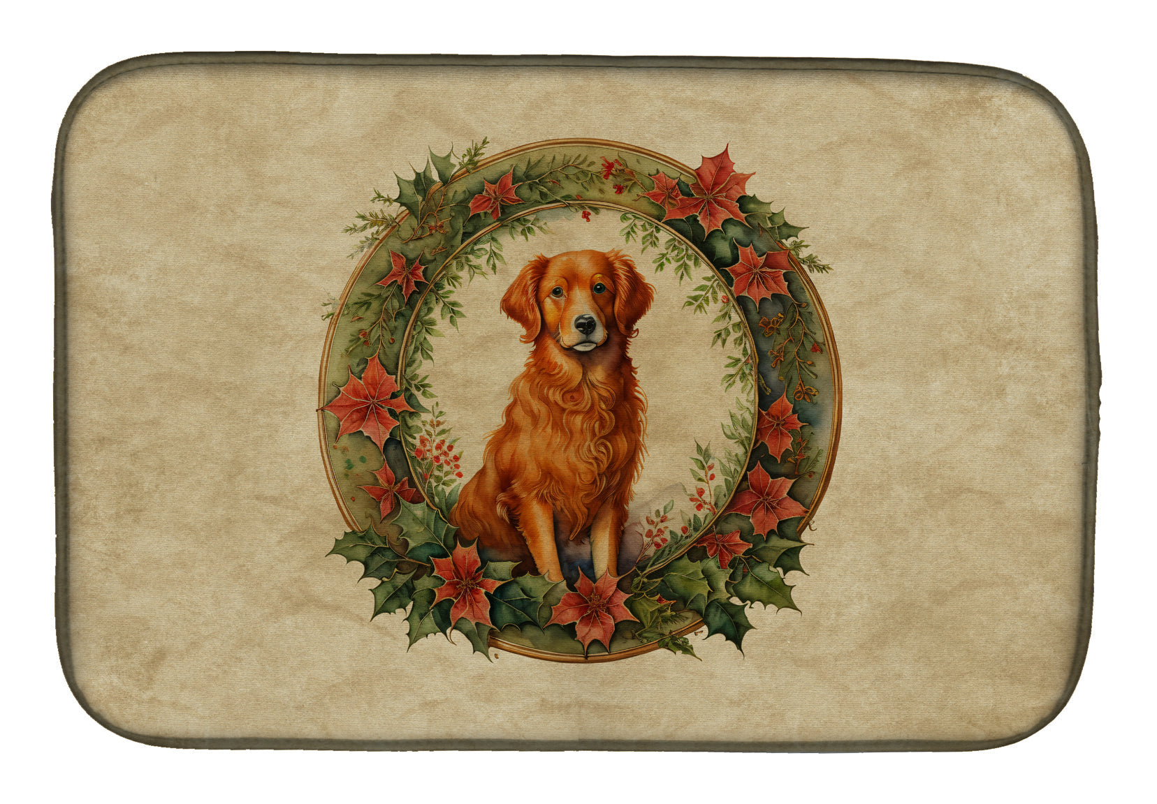 Nova Scotia Duck Tolling Retriever Christmas Flowers Dish Drying Mat Absorbent Dish Drying Mat Pad for Kitchen Counter Dish Drainer Mat for Countertop, 14 x 21", Multicolor