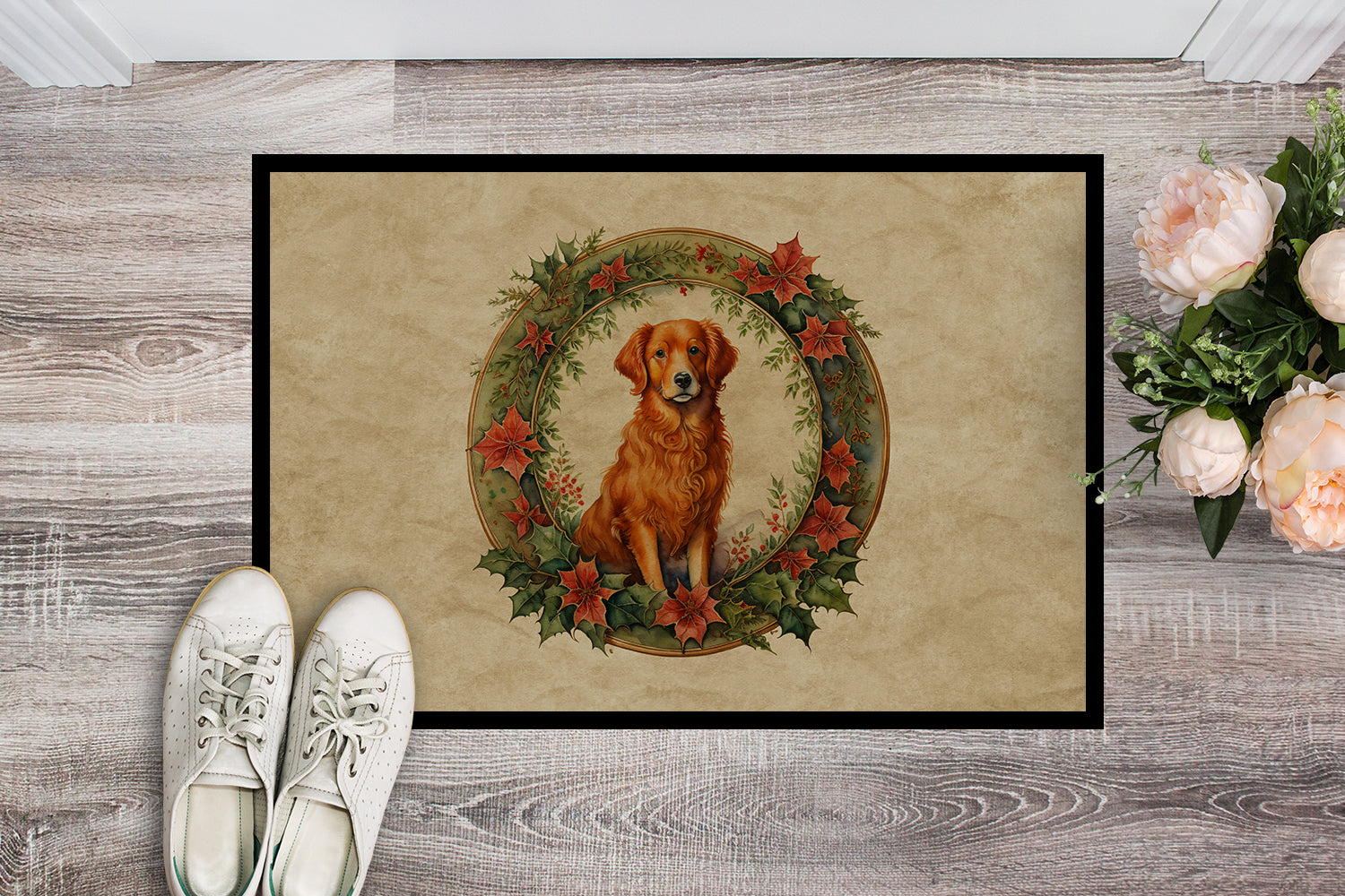 Nova Scotia Duck Tolling Retriever Christmas Flowers Doormat Indoor Outdoor 24H X 36W Front Door Mat Rugs for Entryway, Non Slip Washable Low Pile,