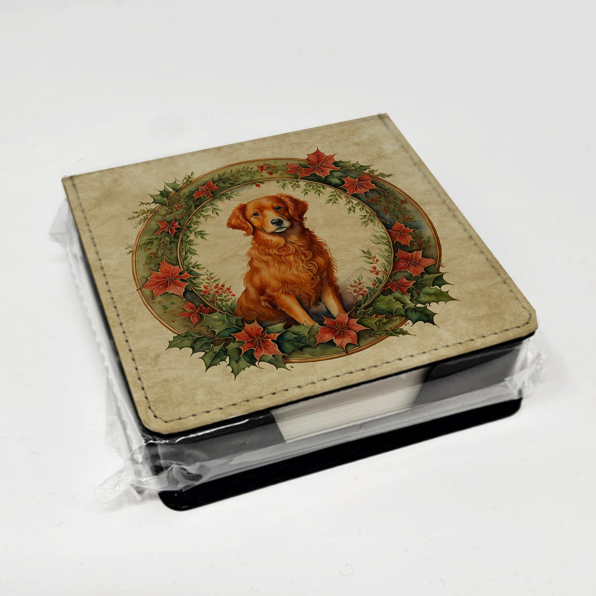 Nova Scotia Duck Tolling Retriever Christmas Flowers PU Leather Note Paper Holder with Artist-Designed Cover, Desk Accessory, Office Gift
