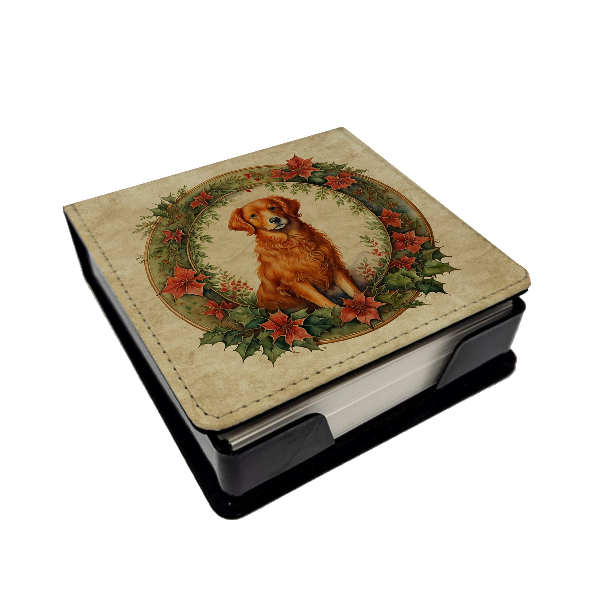 Nova Scotia Duck Tolling Retriever Christmas Flowers PU Leather Note Paper Holder with Artist-Designed Cover, Desk Accessory, Office Gift
