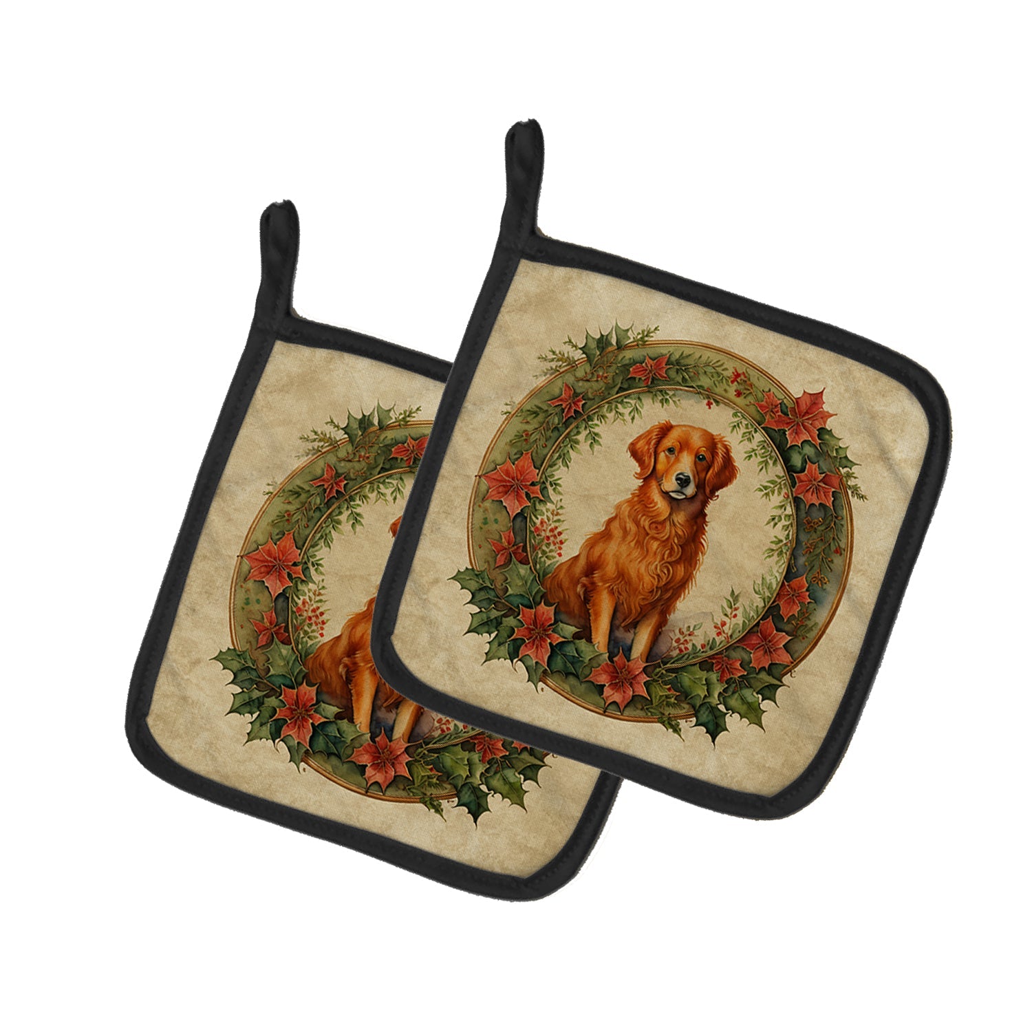Nova Scotia Duck Tolling Retriever Christmas Flowers Pot Holder Set of 2 Heat Resistant Quilted Hot Pads 7.5 x 7.5 Inch, Insulated Kitchen Trivets for Cooking & Baking