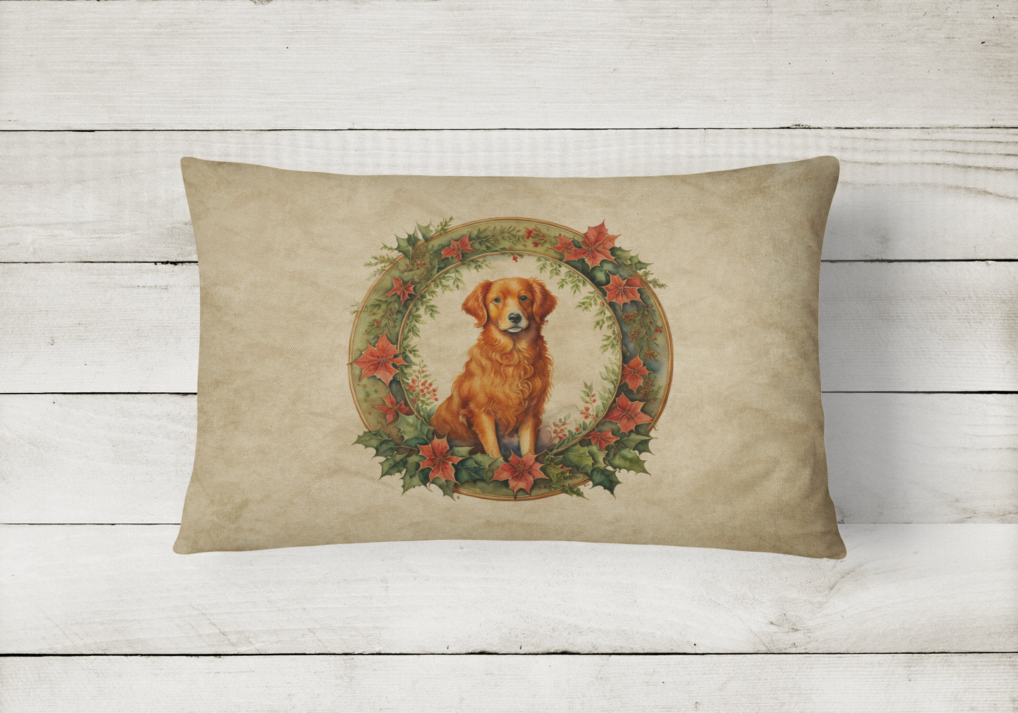 Nova Scotia Duck Tolling Retriever Christmas Flowers Decorative Throw Pillow 12x16 Indoor Outdoor Accent Cushion, Fabric Cover with Insert for Sofa, Bed, Porch & Living Room