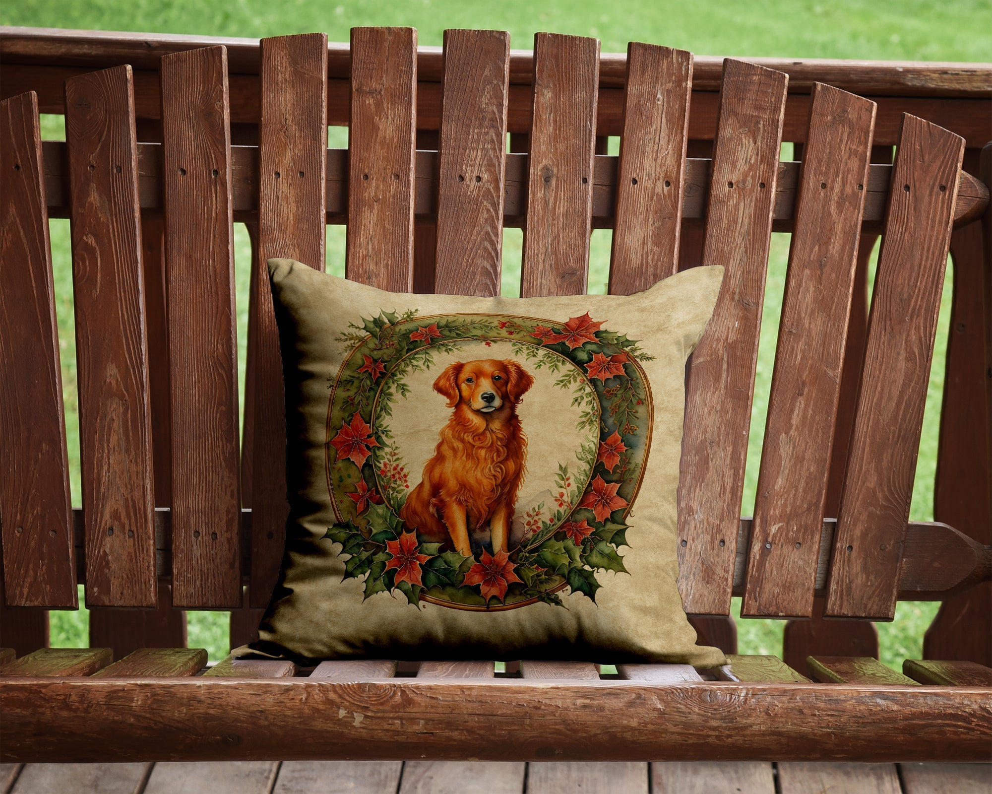 Nova Scotia Duck Tolling Retriever Christmas Flowers Decorative Throw Pillow 14x14 Indoor Outdoor Accent Cushion, Fabric Cover with Insert for Sofa, Bed, Porch & Living Room