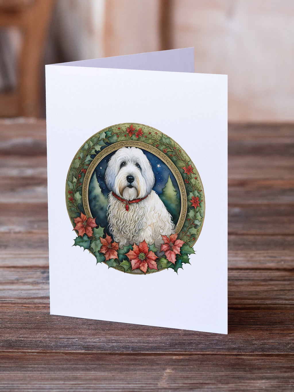 Old English Sheepdog Christmas Flowers Greeting Cards Pack of 8 Blank Cards with Envelopes Whimsical A7 Size 5x7