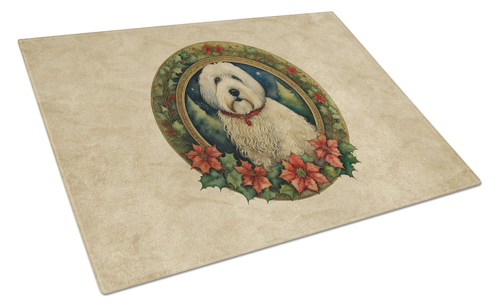 Old English Sheepdog Christmas Flowers Cutting Board Tempered Glass Kitchen Cutting Surface, Heat Resistant Chopping, Non-Slip Feet, Food Prep & Serving