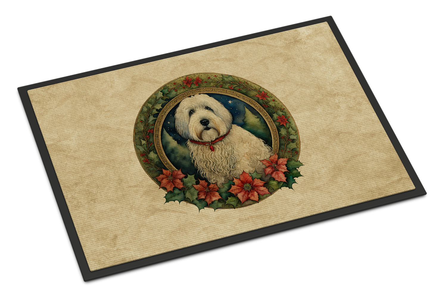 Old English Sheepdog Christmas Flowers Doormat Indoor Outdoor 18H X 27W Front Door Mat Rugs for Entryway, Non Slip Washable