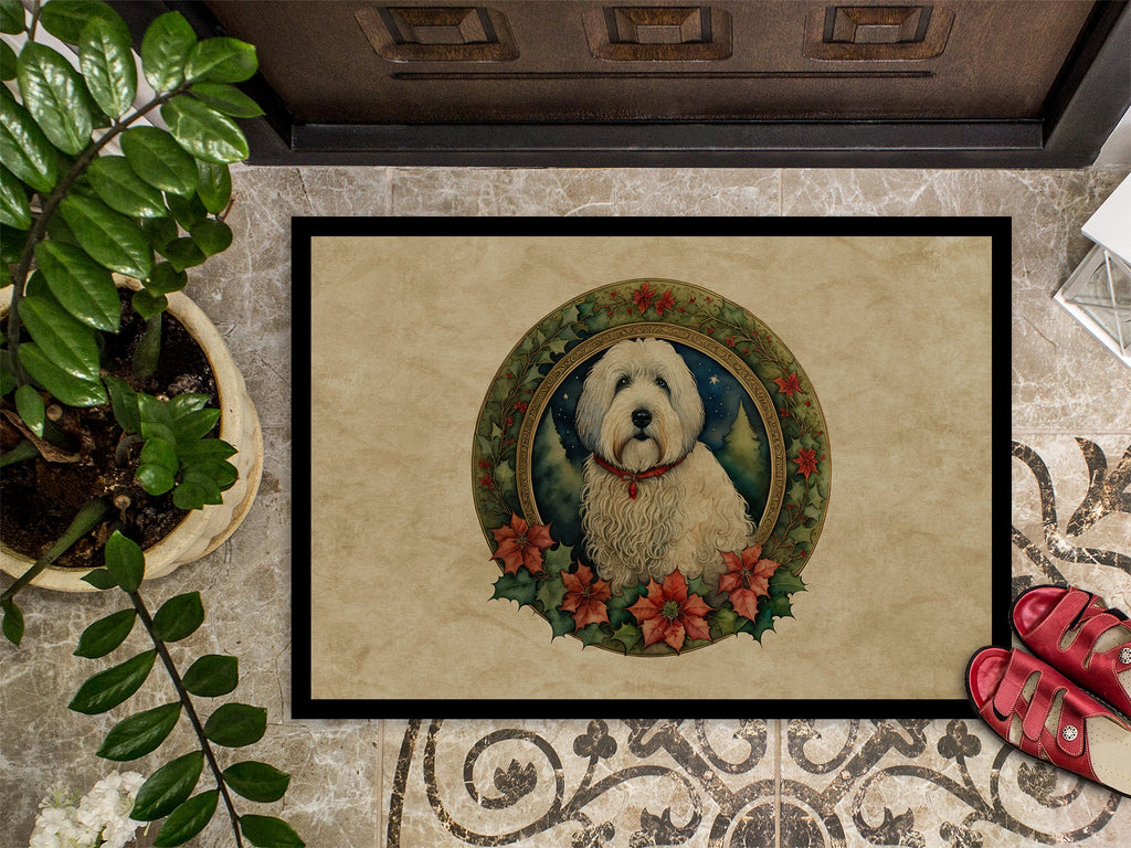 Old English Sheepdog Christmas Flowers Doormat Indoor Outdoor 18H X 27W Front Door Mat Rugs for Entryway, Non Slip Washable