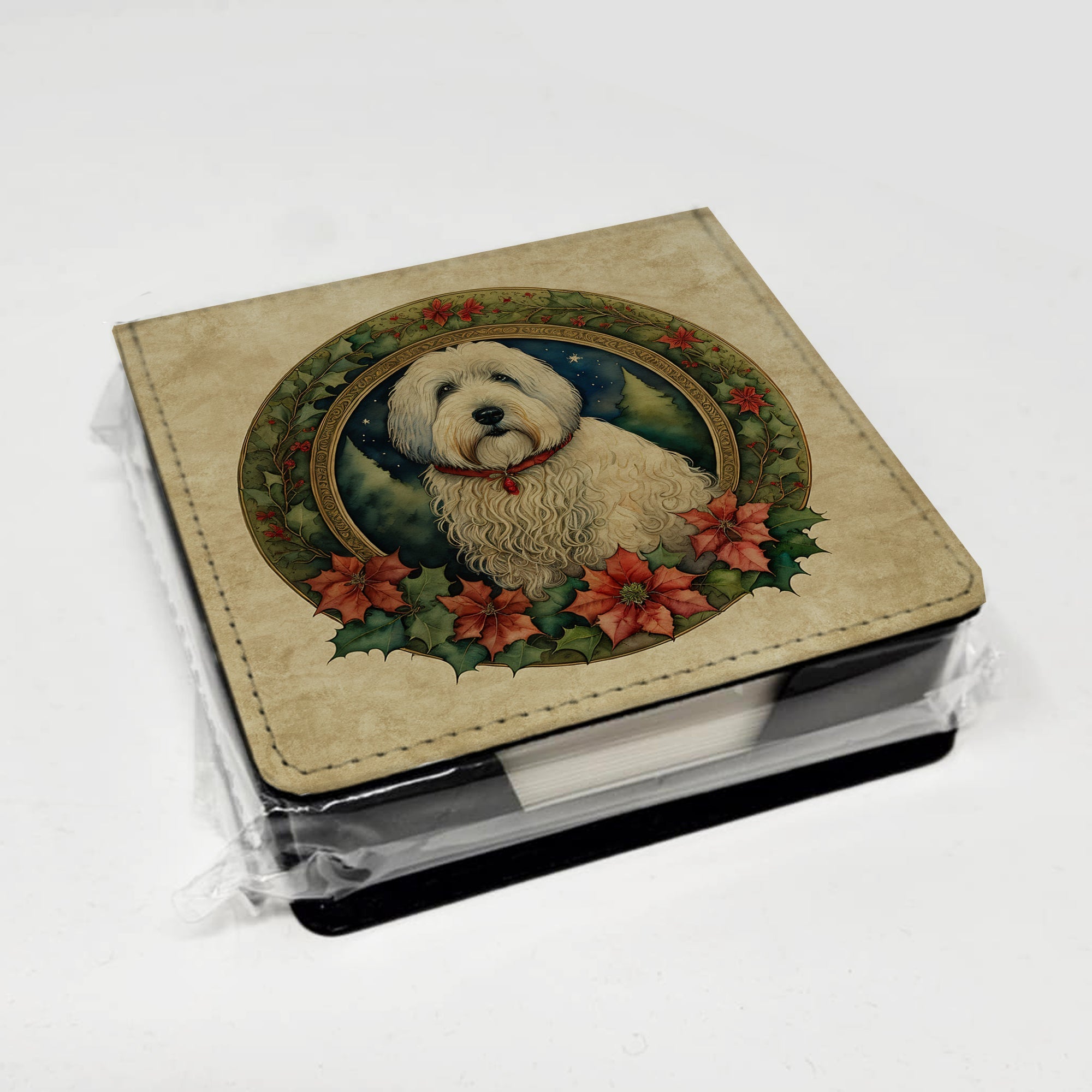 Old English Sheepdog Christmas Flowers PU Leather Note Paper Holder with Artist-Designed Cover, Desk Accessory, Office Gift