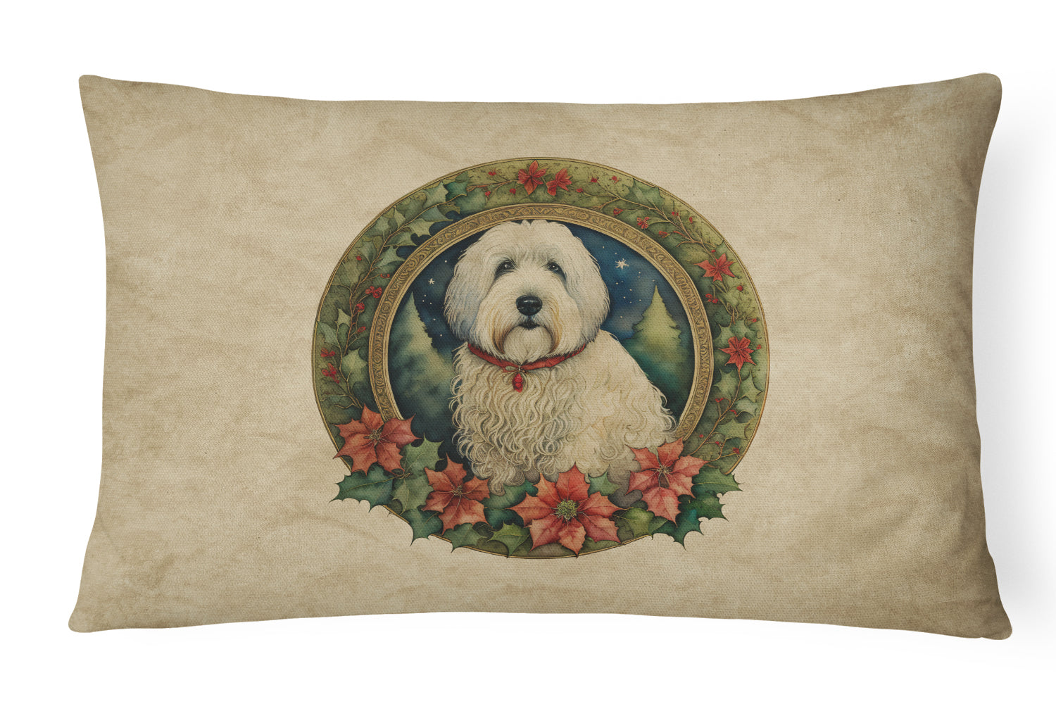 Old English Sheepdog Christmas Flowers Decorative Throw Pillow 12x16 Indoor Outdoor Accent Cushion, Fabric Cover with Insert for Sofa, Bed, Porch & Living Room