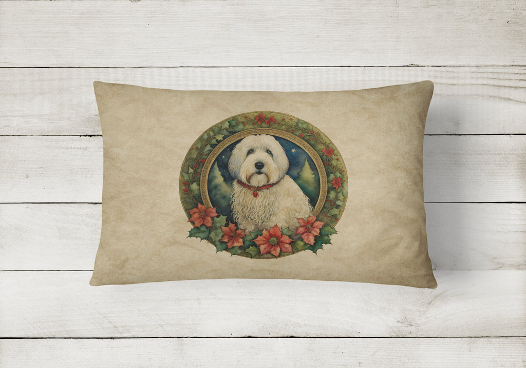 Old English Sheepdog Christmas Flowers Decorative Throw Pillow 12x16 Indoor Outdoor Accent Cushion, Fabric Cover with Insert for Sofa, Bed, Porch & Living Room