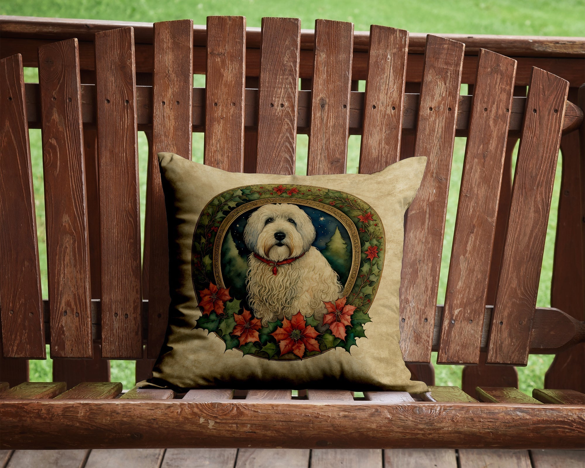 Old English Sheepdog Christmas Flowers Decorative Throw Pillow 14x14 Indoor Outdoor Accent Cushion, Fabric Cover with Insert for Sofa, Bed, Porch & Living Room