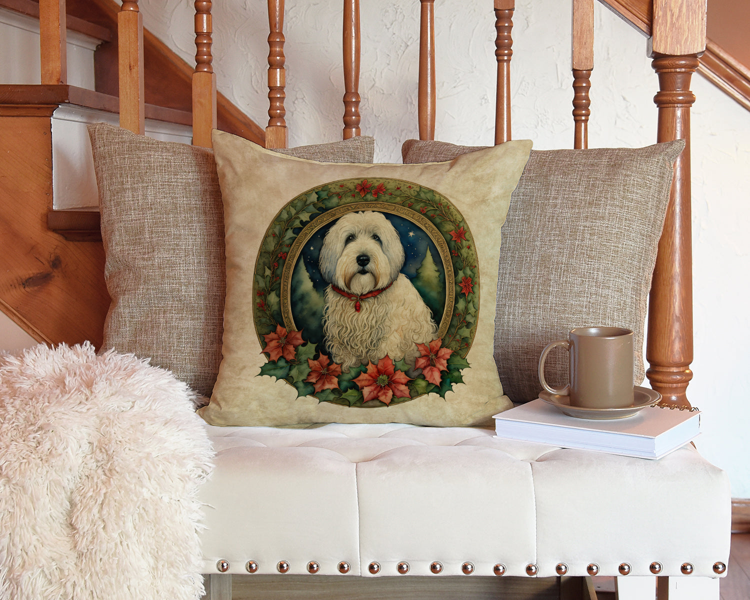 Old English Sheepdog Christmas Flowers Decorative Throw Pillow 14x14 Indoor Outdoor Accent Cushion, Fabric Cover with Insert for Sofa, Bed, Porch & Living Room