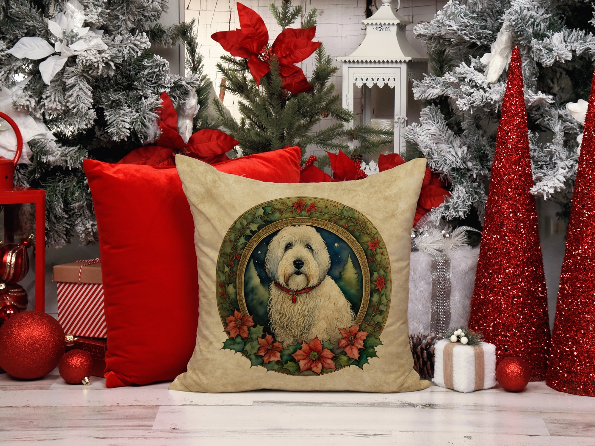 Old English Sheepdog Christmas Flowers Decorative Throw Pillow 18x18 Indoor Outdoor Accent Cushion, Fabric Cover with Insert for Sofa, Bed, Porch & Living Room