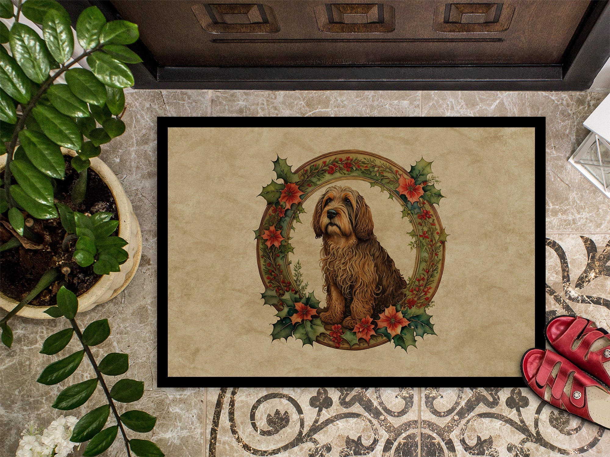 Otterhound Christmas Flowers Doormat Indoor Outdoor 24H X 36W Front Door Mat Rugs for Entryway, Non Slip Washable Low Pile,