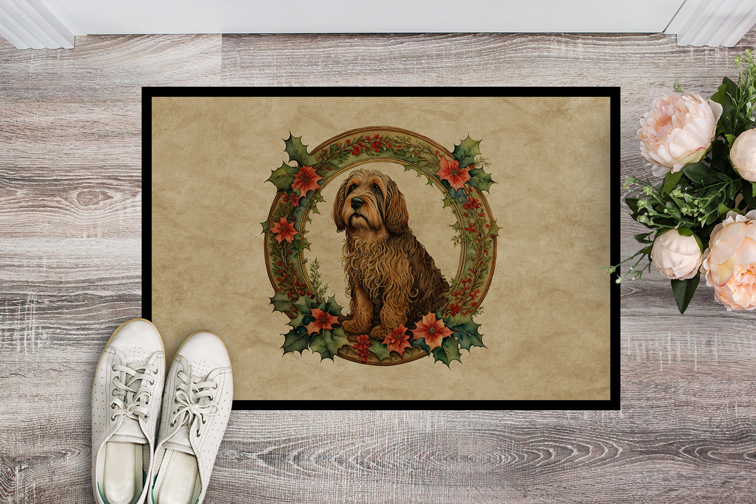 Otterhound Christmas Flowers Doormat Indoor Outdoor 18H X 27W Front Door Mat Rugs for Entryway, Non Slip Washable