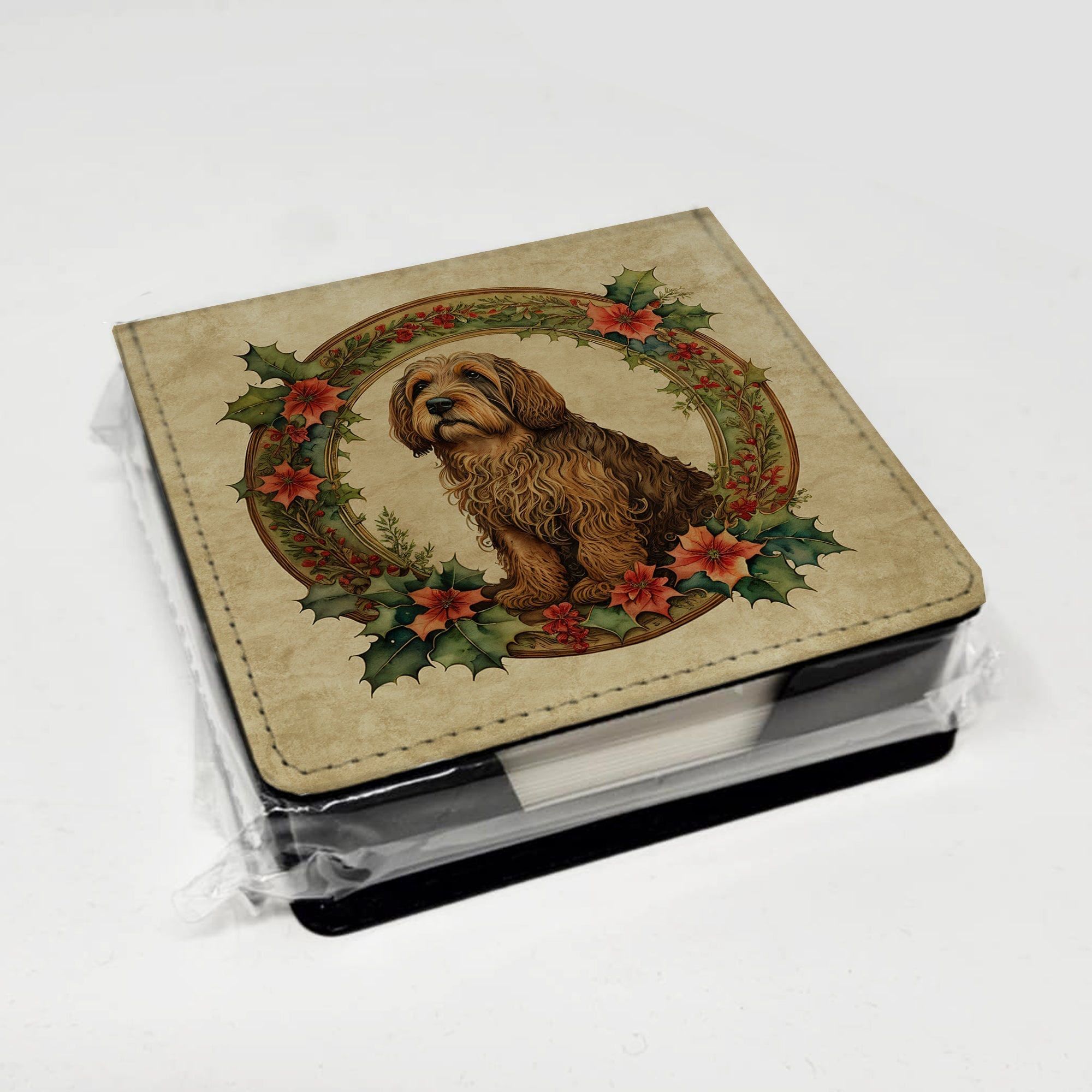 Otterhound Christmas Flowers PU Leather Note Paper Holder with Artist-Designed Cover, Desk Accessory, Office Gift