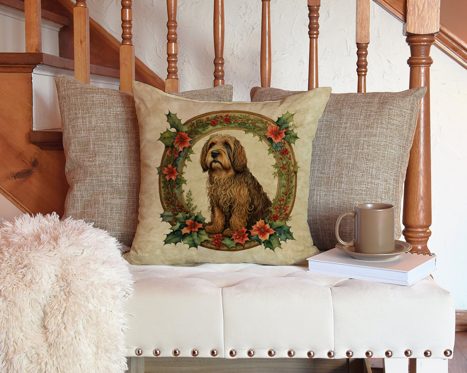 Otterhound Christmas Flowers Decorative Throw Pillow 14x14 Indoor Outdoor Accent Cushion, Fabric Cover with Insert for Sofa, Bed, Porch & Living Room