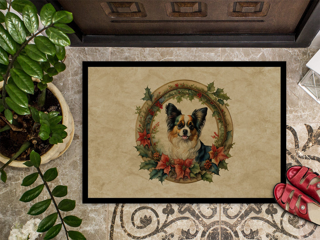 Papillon Christmas Flowers Doormat Indoor Outdoor 24H X 36W Front Door Mat Rugs for Entryway, Non Slip Washable Low Pile,