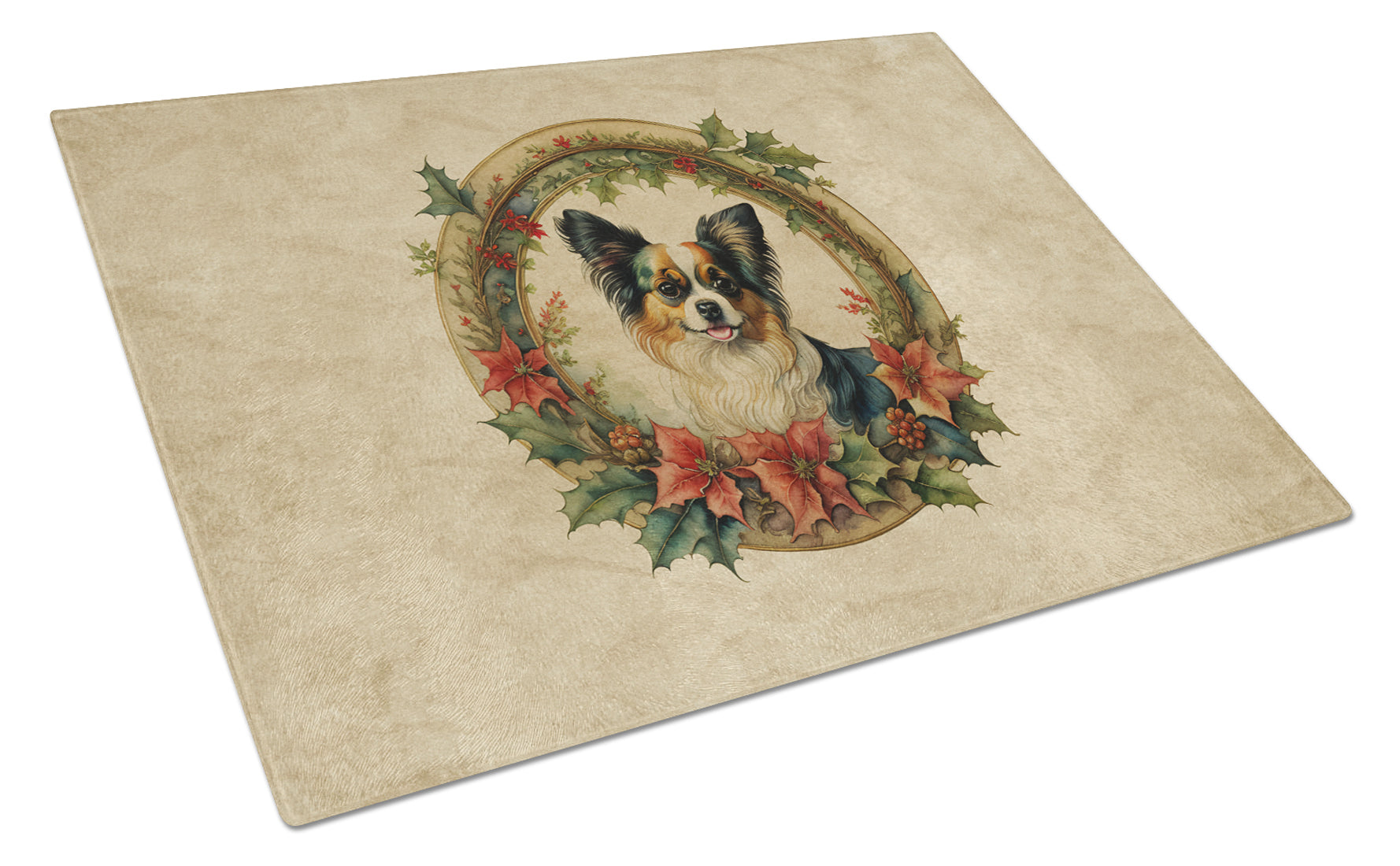 Papillon Christmas Flowers Cutting Board Tempered Glass Kitchen Cutting Surface, Heat Resistant Chopping, Non-Slip Feet, Food Prep & Serving