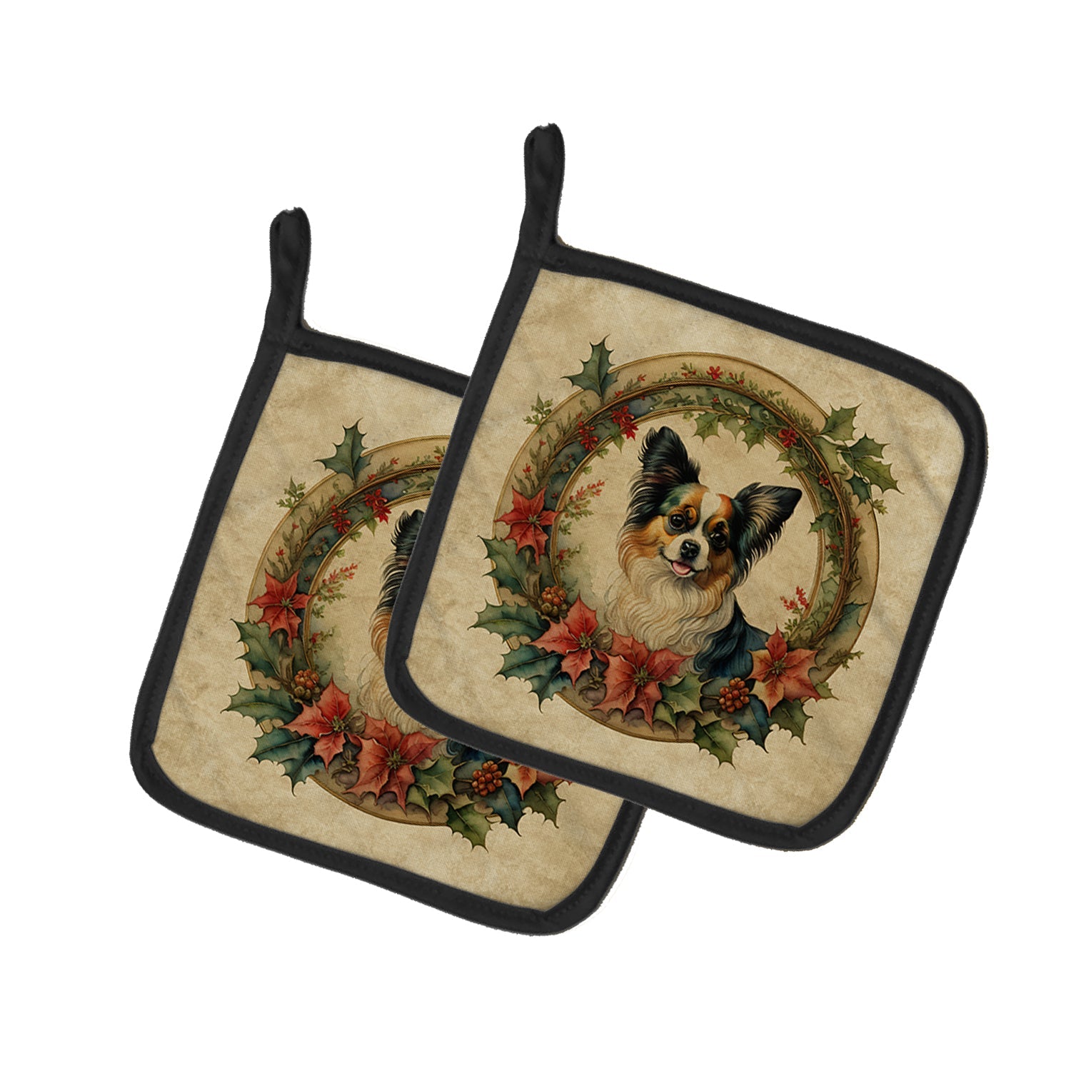 Papillon Christmas Flowers Pot Holder Set of 2 Heat Resistant Quilted Hot Pads 7.5 x 7.5 Inch, Insulated Kitchen Trivets for Cooking & Baking