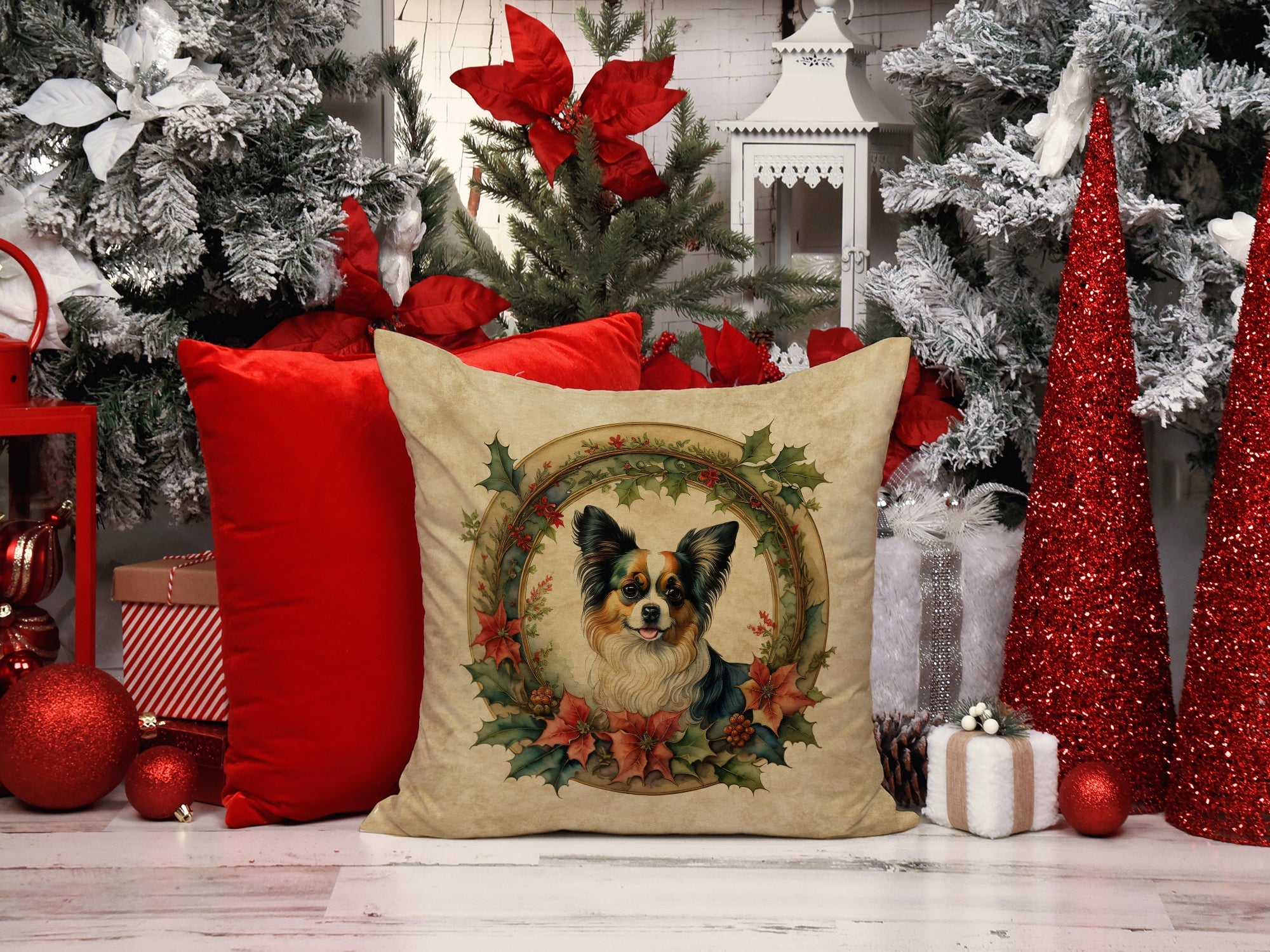Papillon Christmas Flowers Decorative Throw Pillow 18x18 Indoor Outdoor Accent Cushion, Fabric Cover with Insert for Sofa, Bed, Porch & Living Room