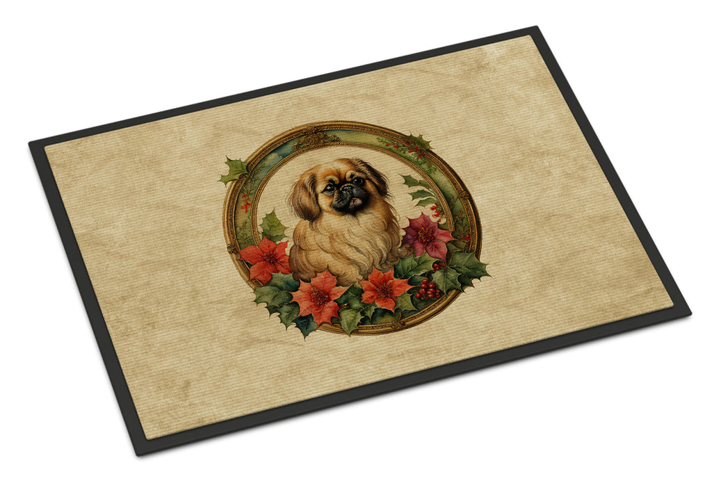 Pekingese Christmas Flowers Doormat Indoor Outdoor 24H X 36W Front Door Mat Rugs for Entryway, Non Slip Washable Low Pile,