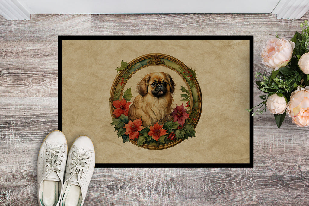 Pekingese Christmas Flowers Doormat Indoor Outdoor 24H X 36W Front Door Mat Rugs for Entryway, Non Slip Washable Low Pile,