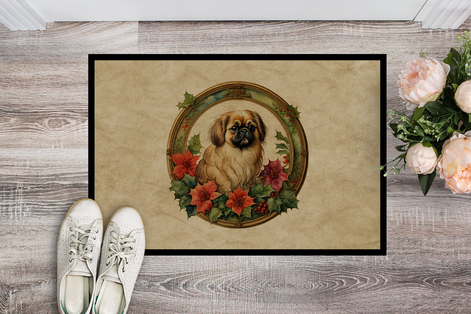 Pekingese Christmas Flowers Doormat Indoor Outdoor 24H X 36W Front Door Mat Rugs for Entryway, Non Slip Washable Low Pile,