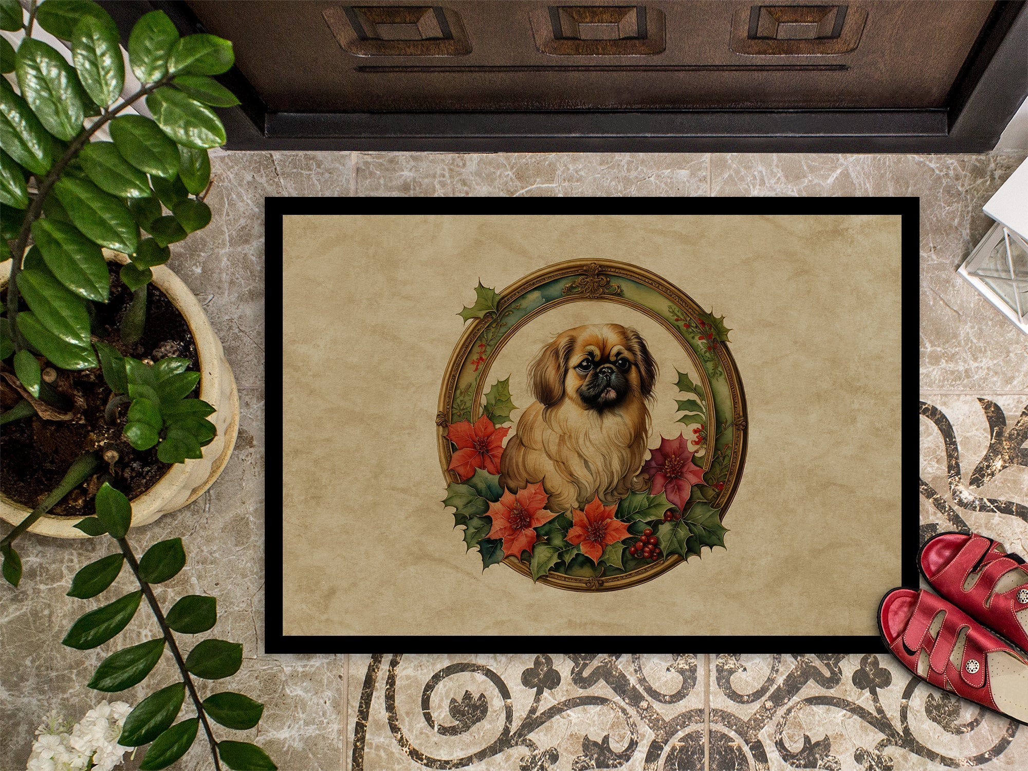 Pekingese Christmas Flowers Doormat Indoor Outdoor 24H X 36W Front Door Mat Rugs for Entryway, Non Slip Washable Low Pile,