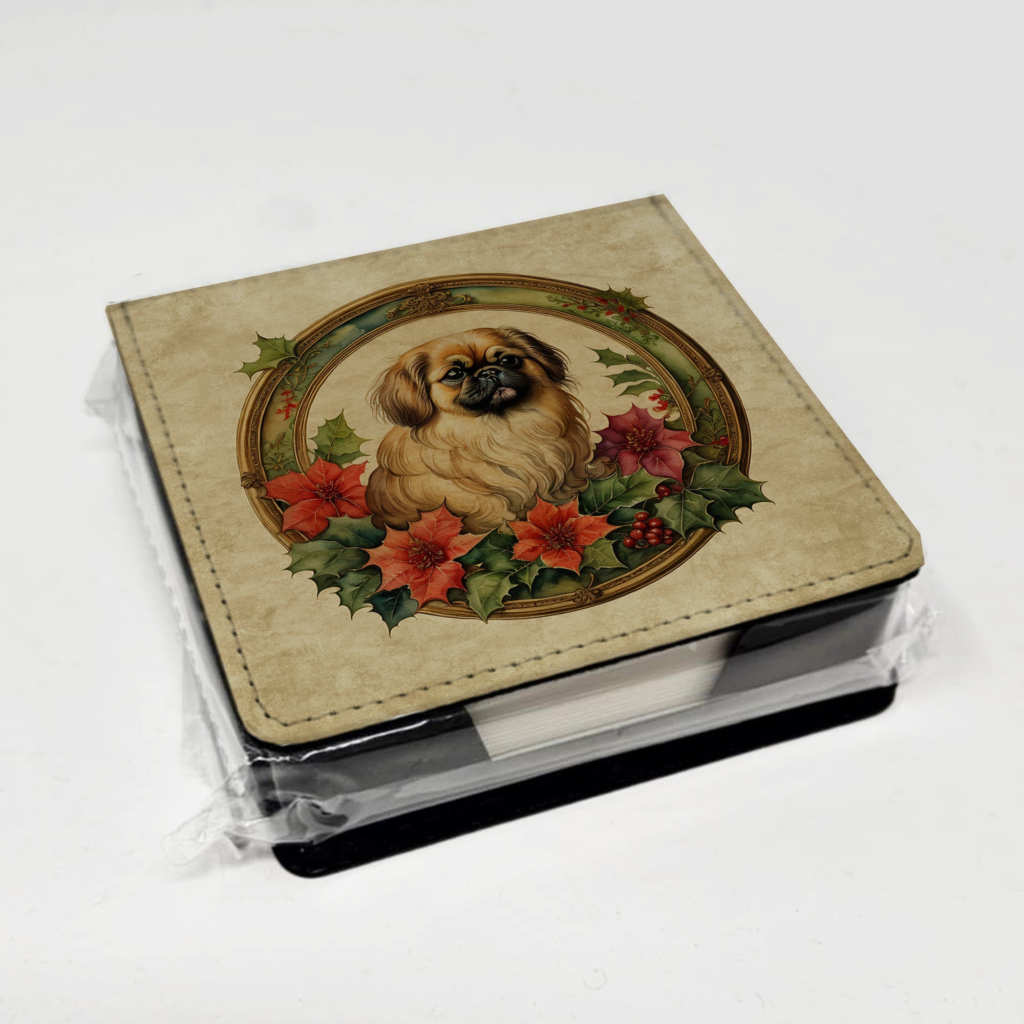 Pekingese Christmas Flowers PU Leather Note Paper Holder with Artist-Designed Cover, Desk Accessory, Office Gift
