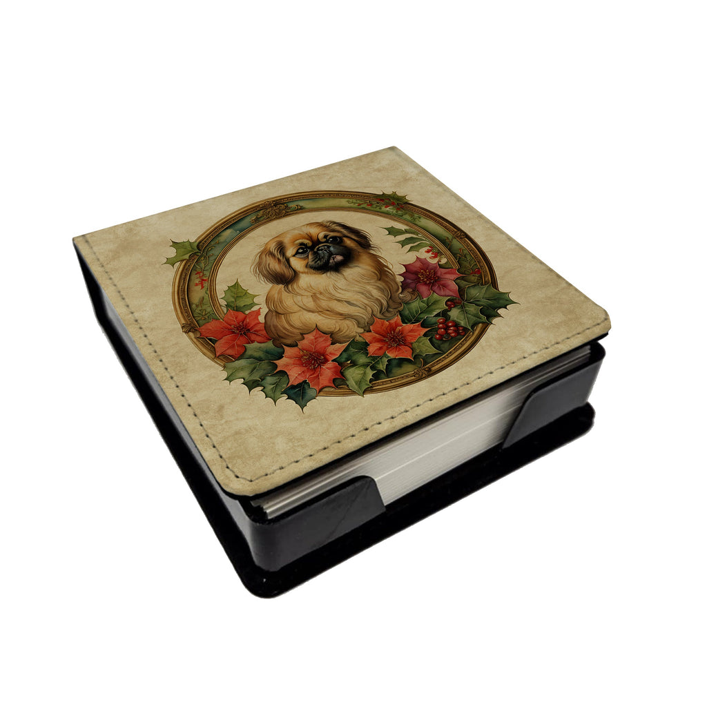 Pekingese Christmas Flowers PU Leather Note Paper Holder with Artist-Designed Cover, Desk Accessory, Office Gift