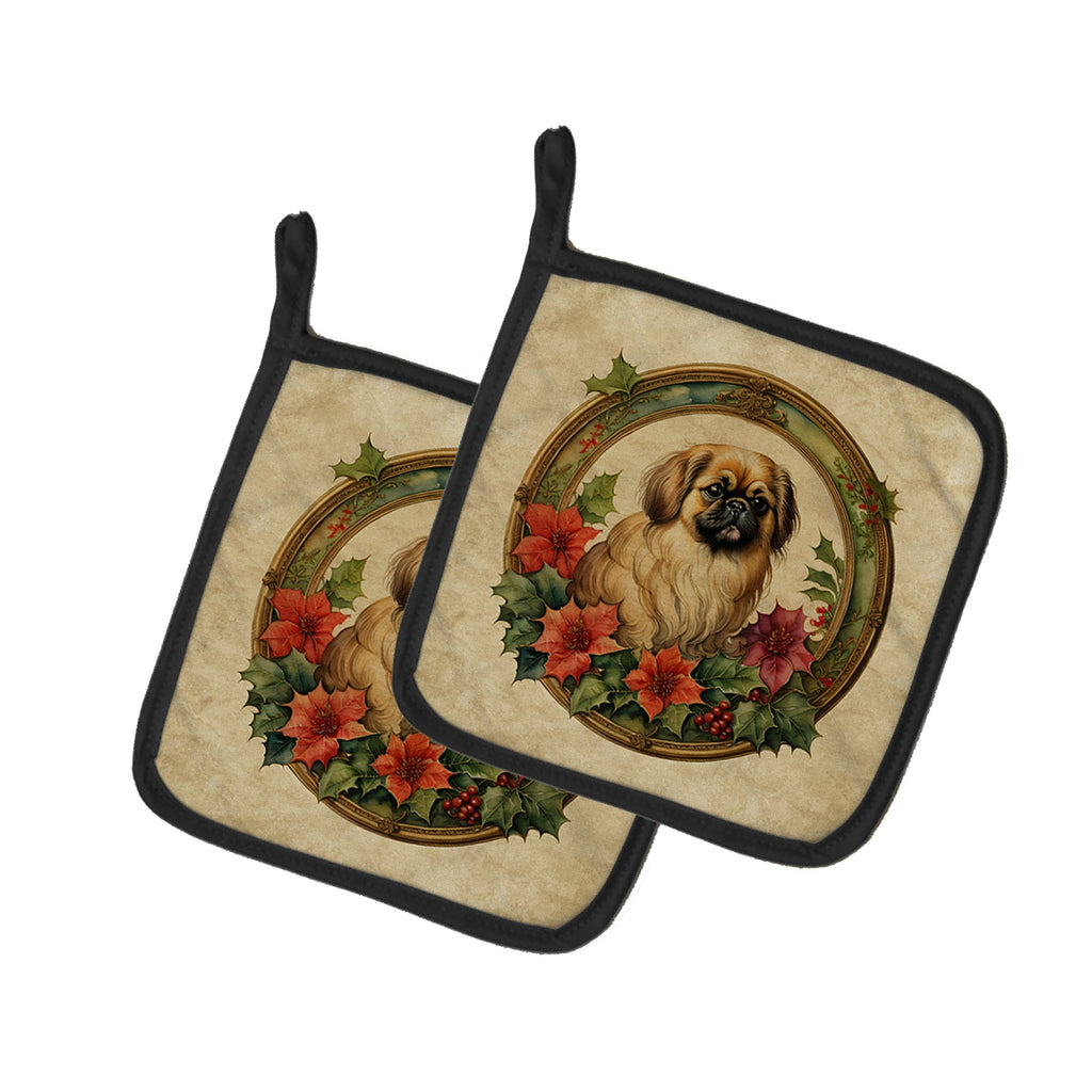 Pekingese Christmas Flowers Pot Holder Set of 2 Heat Resistant Quilted Hot Pads 7.5 x 7.5 Inch, Insulated Kitchen Trivets for Cooking & Baking