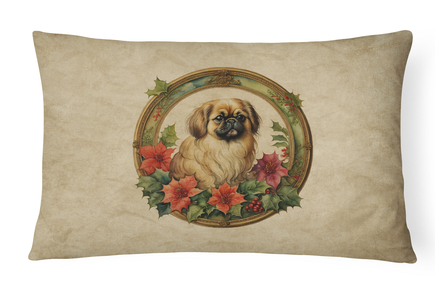 Pekingese Christmas Flowers Decorative Throw Pillow 12x16 Indoor Outdoor Accent Cushion, Fabric Cover with Insert for Sofa, Bed, Porch & Living Room
