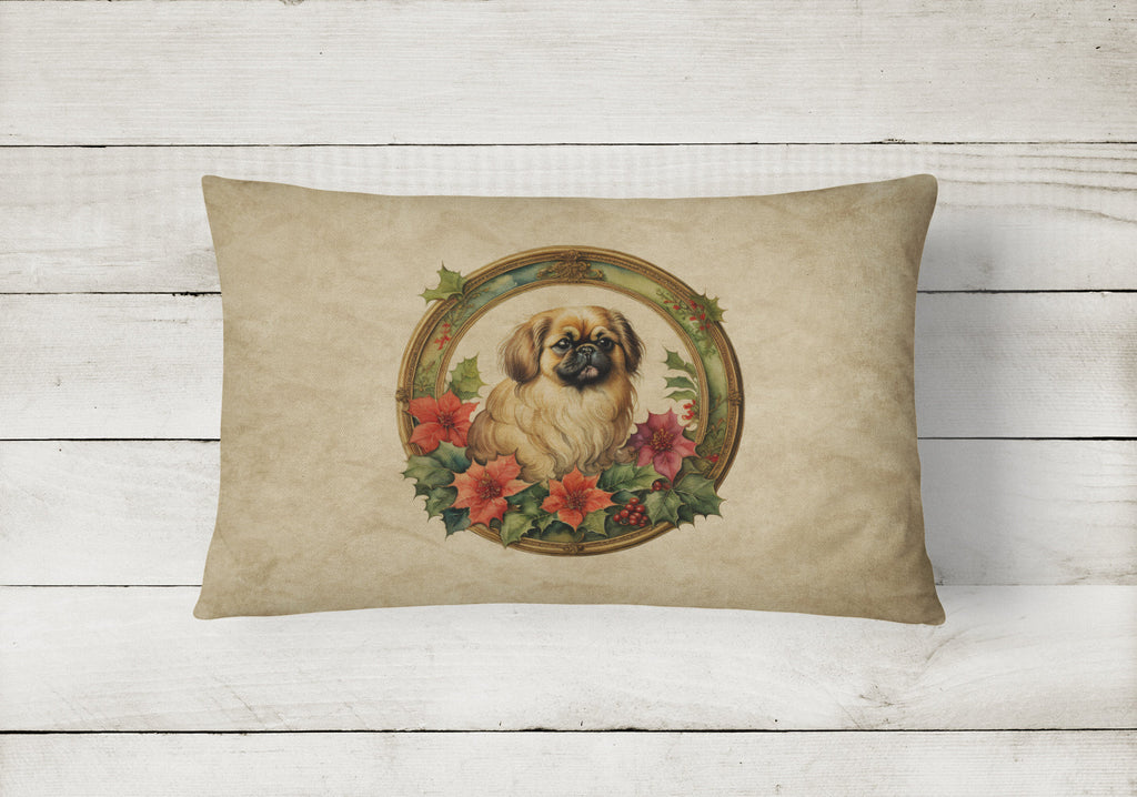 Pekingese Christmas Flowers Decorative Throw Pillow 12x16 Indoor Outdoor Accent Cushion, Fabric Cover with Insert for Sofa, Bed, Porch & Living Room