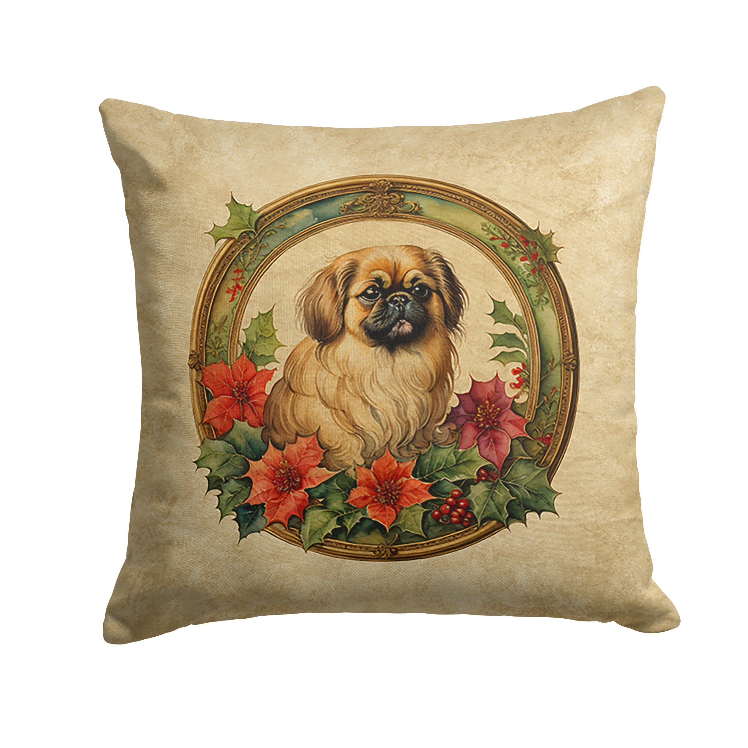 Pekingese Christmas Flowers Decorative Throw Pillow 14x14 Indoor Outdoor Accent Cushion, Fabric Cover with Insert for Sofa, Bed, Porch & Living Room