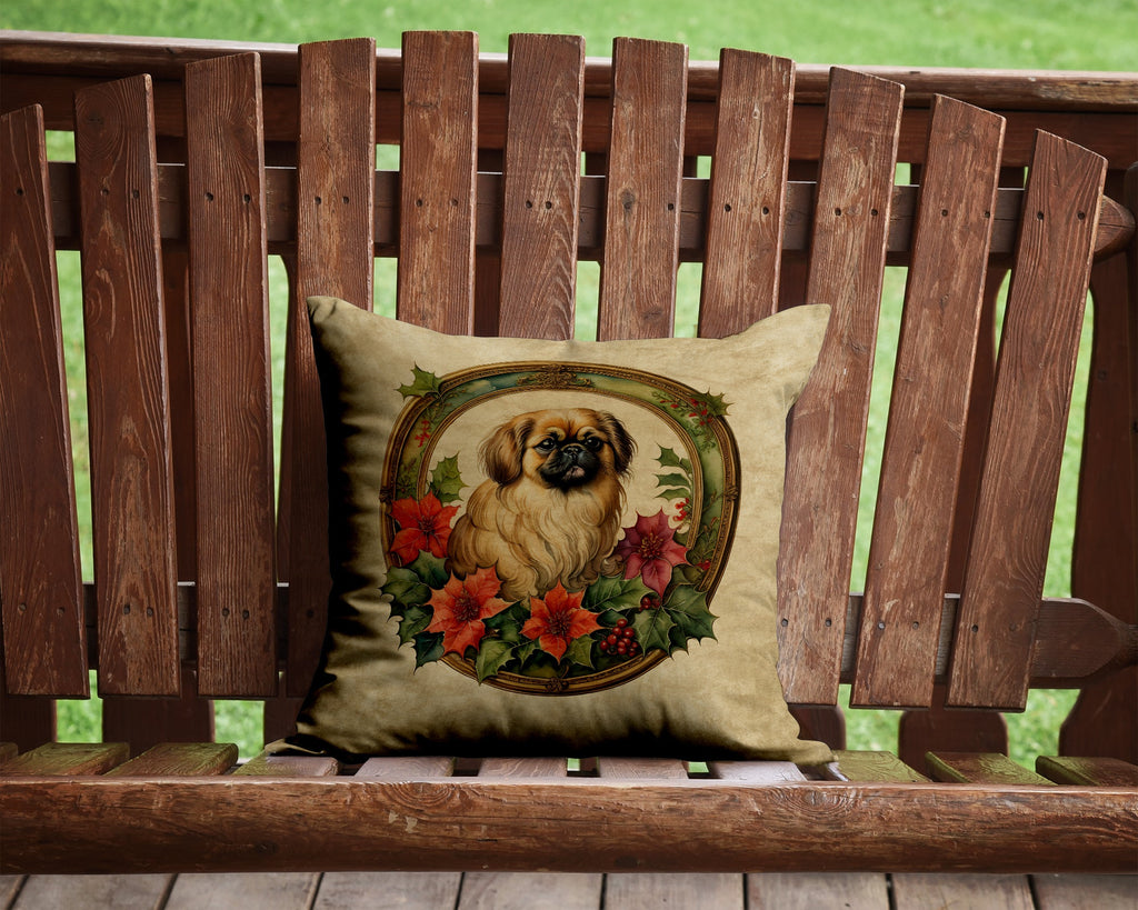 Pekingese Christmas Flowers Decorative Throw Pillow 14x14 Indoor Outdoor Accent Cushion, Fabric Cover with Insert for Sofa, Bed, Porch & Living Room