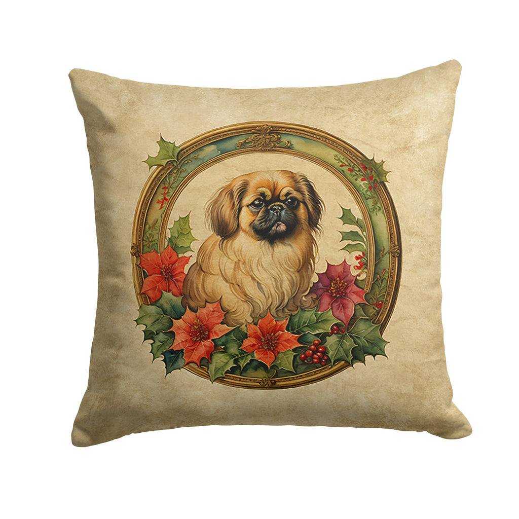 Pekingese Christmas Flowers Decorative Throw Pillow 18x18 Indoor Outdoor Accent Cushion, Fabric Cover with Insert for Sofa, Bed, Porch & Living Room