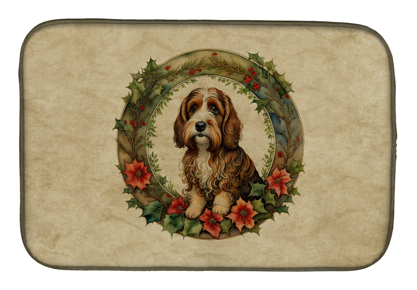 Petit Basset Griffon Vendeen Christmas Flowers Dish Drying Mat Absorbent Dish Drying Mat Pad for Kitchen Counter Dish Drainer Mat for Countertop, 14 x 21", Multicolor