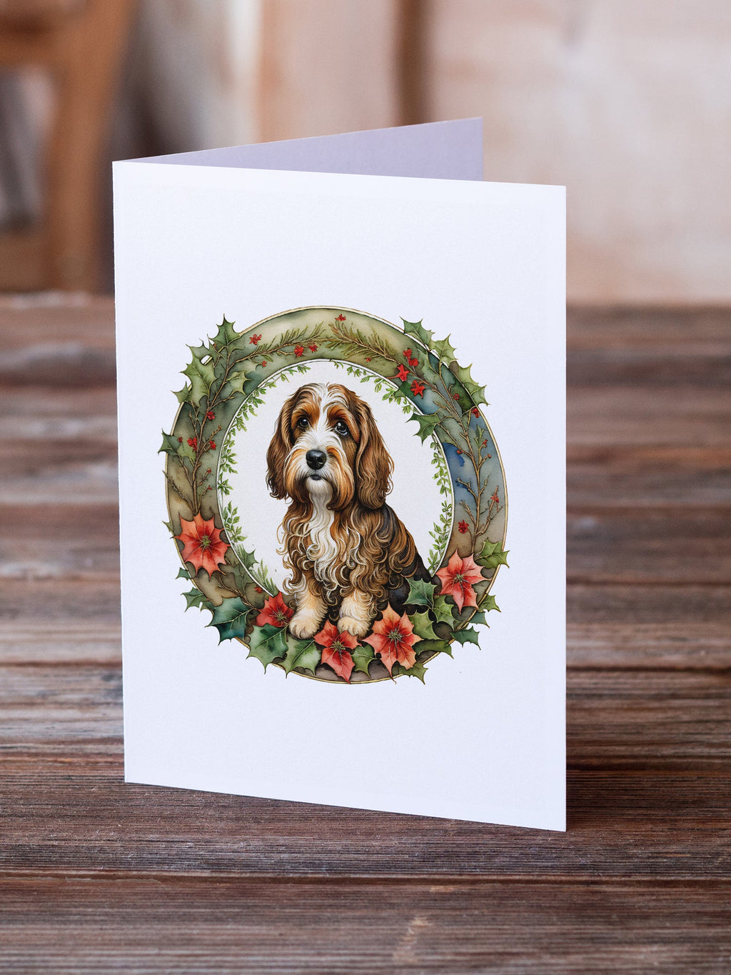 Petit Basset Griffon Vendeen Christmas Flowers Greeting Cards Pack of 8 Blank Cards with Envelopes Whimsical A7 Size 5x7