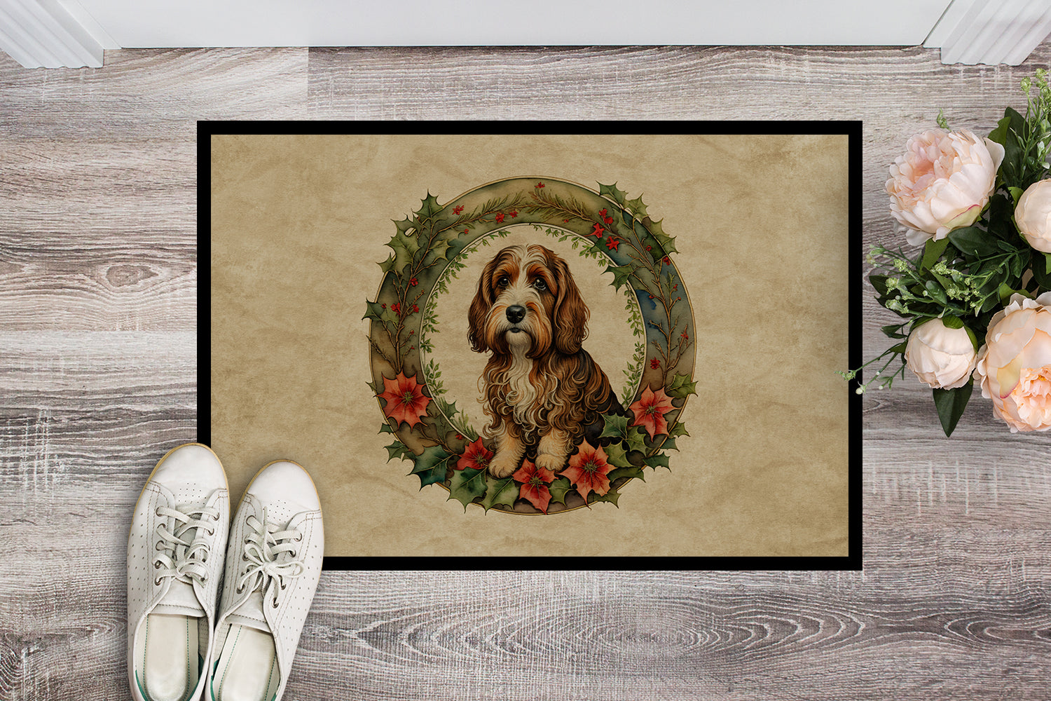 Petit Basset Griffon Vendeen Christmas Flowers Doormat Indoor Outdoor 24H X 36W Front Door Mat Rugs for Entryway, Non Slip Washable Low Pile,