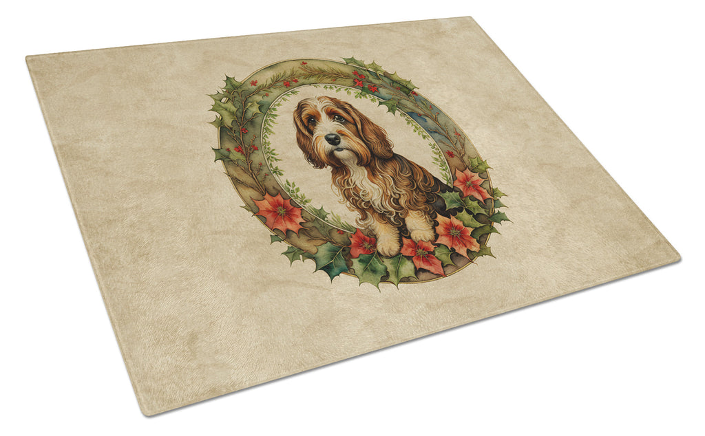 Petit Basset Griffon Vendeen Christmas Flowers Cutting Board Tempered Glass Kitchen Cutting Surface, Heat Resistant Chopping, Non-Slip Feet, Food Prep & Serving