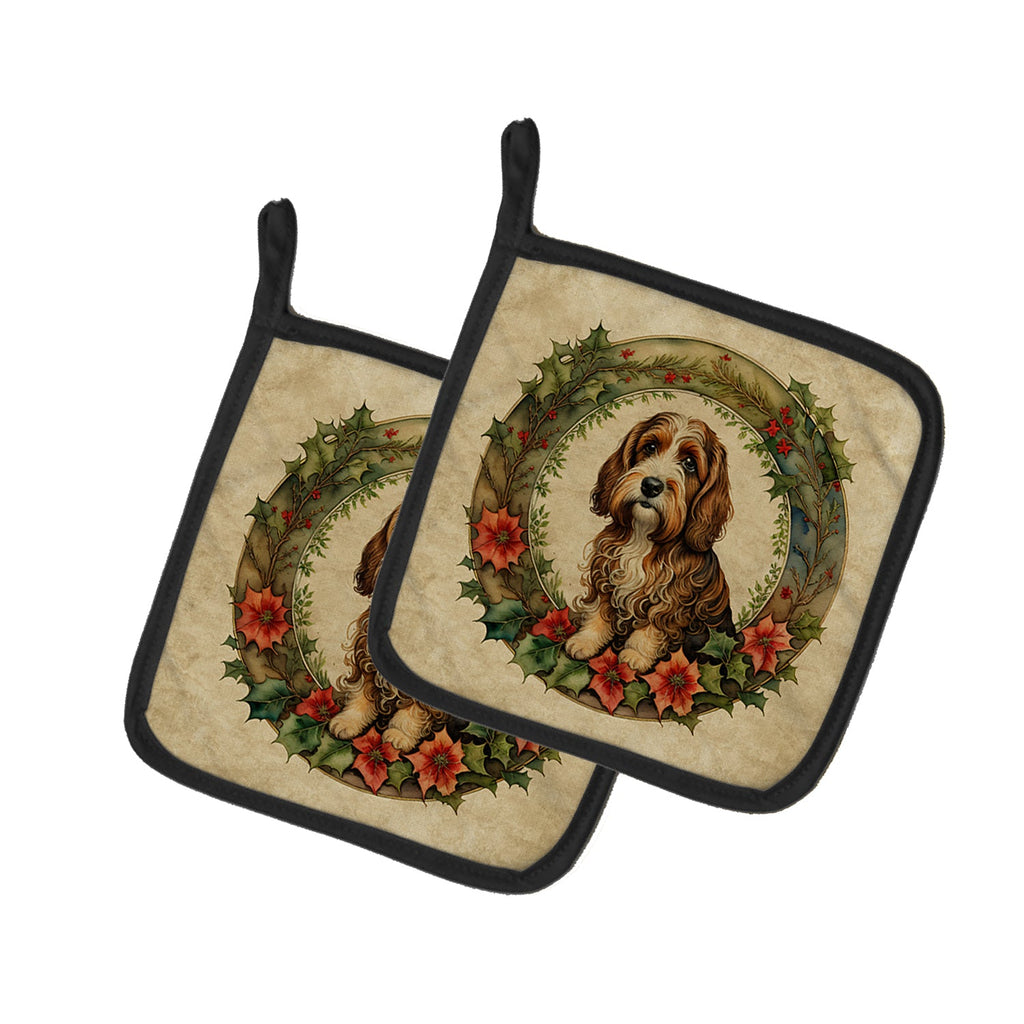 Petit Basset Griffon Vendeen Christmas Flowers Pot Holder Set of 2 Heat Resistant Quilted Hot Pads 7.5 x 7.5 Inch, Insulated Kitchen Trivets for Cooking & Baking