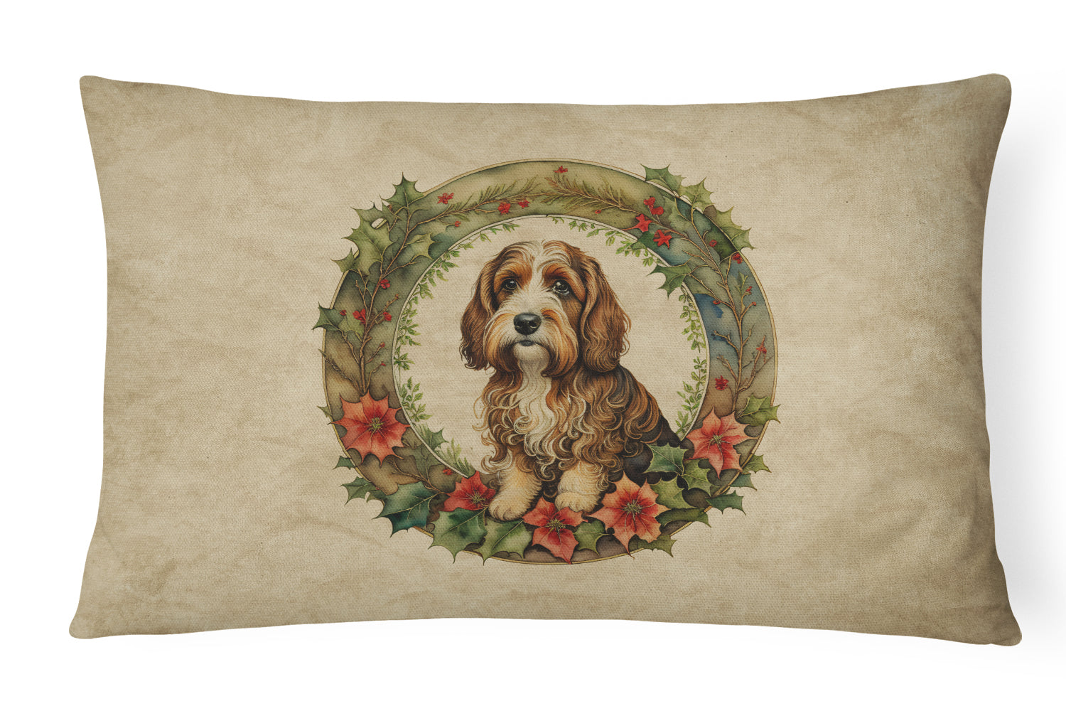 Petit Basset Griffon Vendeen Christmas Flowers Decorative Throw Pillow 12x16 Indoor Outdoor Accent Cushion, Fabric Cover with Insert for Sofa, Bed, Porch & Living Room