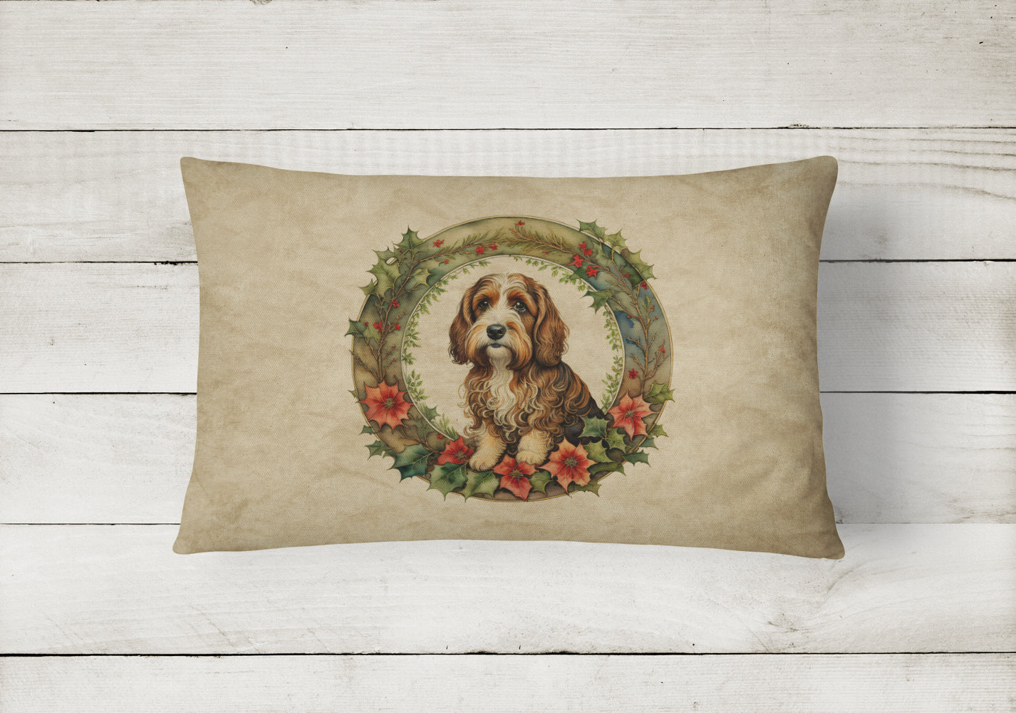 Petit Basset Griffon Vendeen Christmas Flowers Decorative Throw Pillow 12x16 Indoor Outdoor Accent Cushion, Fabric Cover with Insert for Sofa, Bed, Porch & Living Room