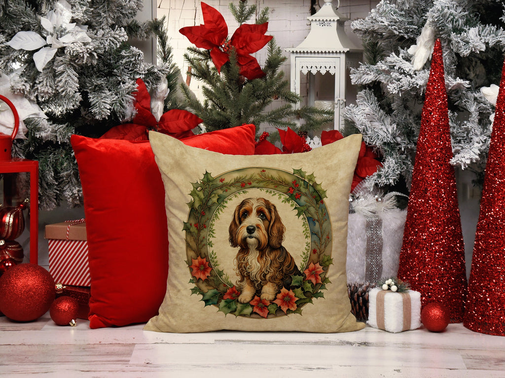 Petit Basset Griffon Vendeen Christmas Flowers Decorative Throw Pillow 18x18 Indoor Outdoor Accent Cushion, Fabric Cover with Insert for Sofa, Bed, Porch & Living Room