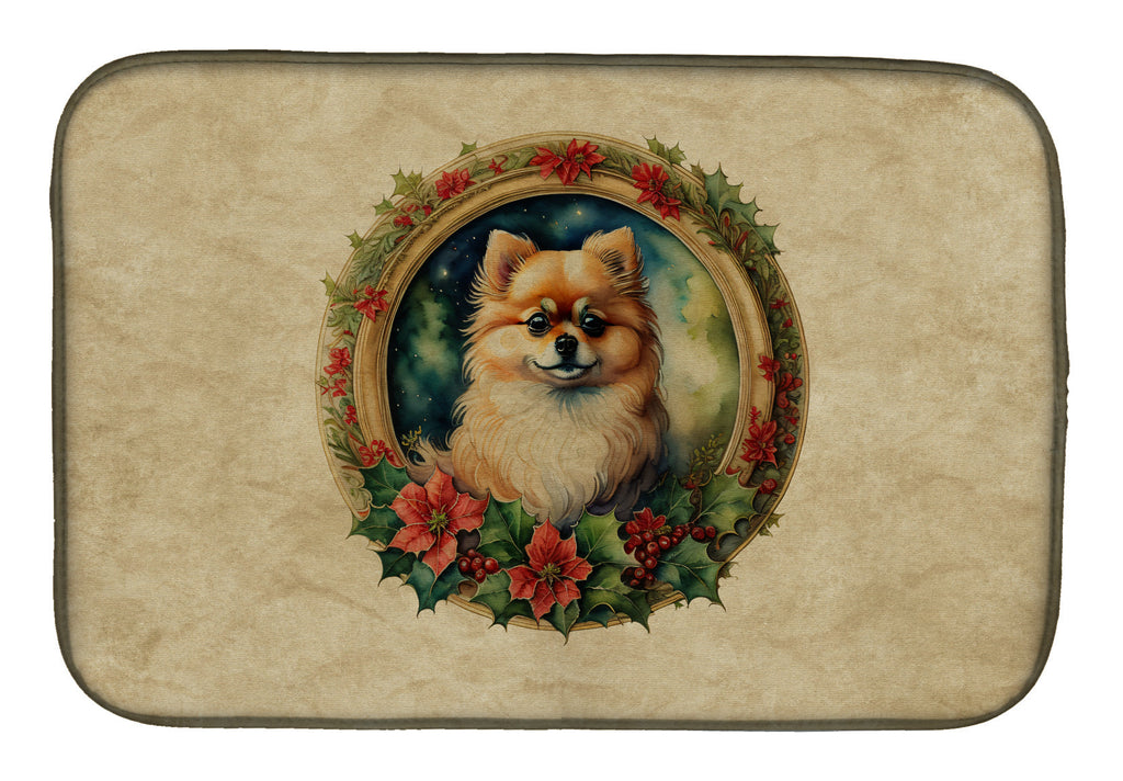 Pomeranian Christmas Flowers Dish Drying Mat Absorbent Dish Drying Mat Pad for Kitchen Counter Dish Drainer Mat for Countertop, 14 x 21", Multicolor