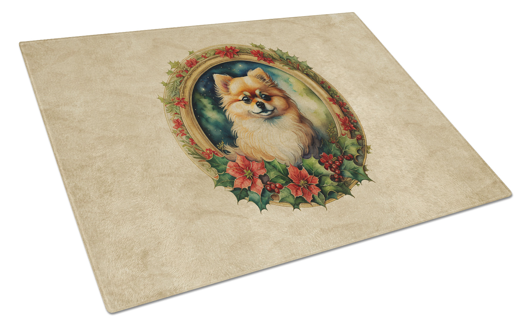 Pomeranian Christmas Flowers Cutting Board Tempered Glass Kitchen Cutting Surface, Heat Resistant Chopping, Non-Slip Feet, Food Prep & Serving