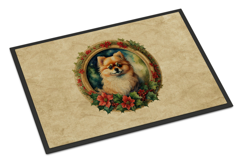 Pomeranian Christmas Flowers Doormat Indoor Outdoor 18H X 27W Front Door Mat Rugs for Entryway, Non Slip Washable