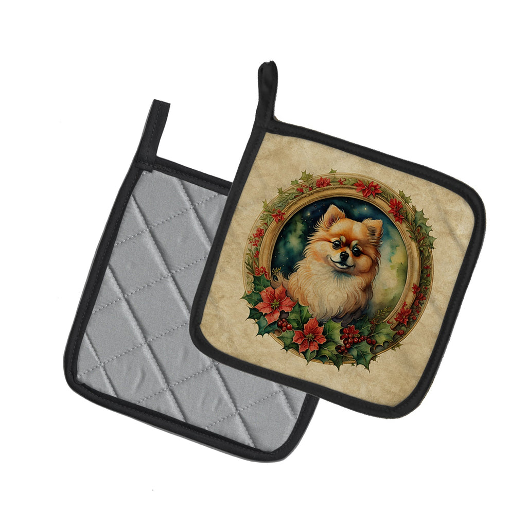 Pomeranian Christmas Flowers Pot Holder Set of 2 Heat Resistant Quilted Hot Pads 7.5 x 7.5 Inch, Insulated Kitchen Trivets for Cooking & Baking
