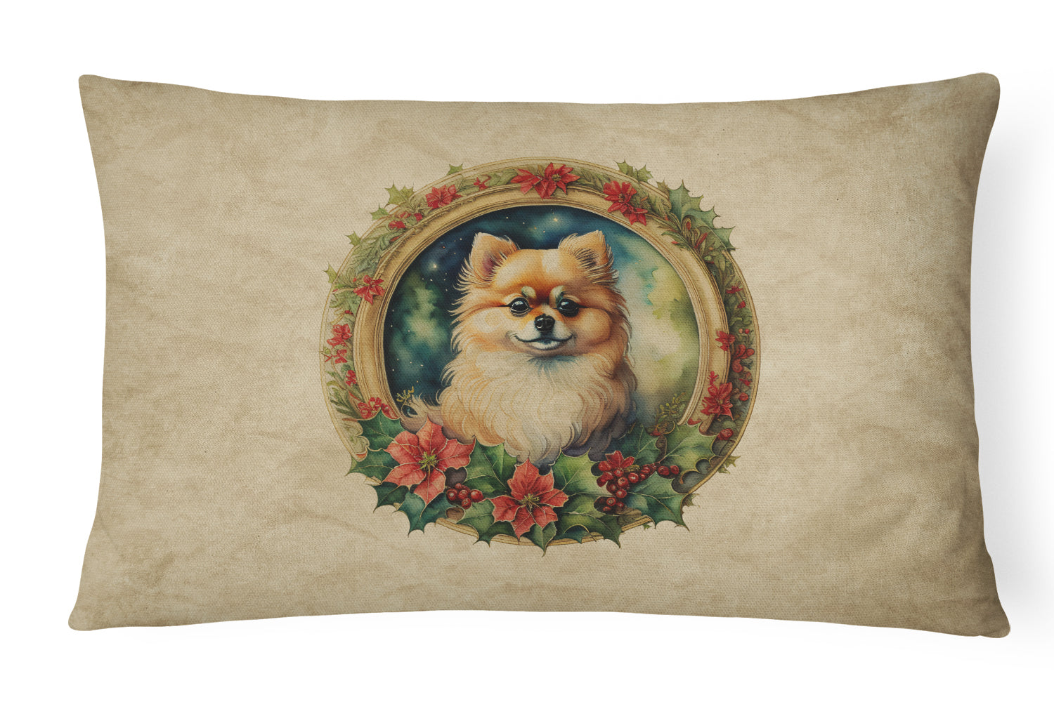 Pomeranian Christmas Flowers Decorative Throw Pillow 12x16 Indoor Outdoor Accent Cushion, Fabric Cover with Insert for Sofa, Bed, Porch & Living Room